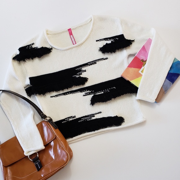 Anthropologie Tracy Reese Plenty Fringe Pullover Sweater Black White Ivory Small - Picture 3 of 9